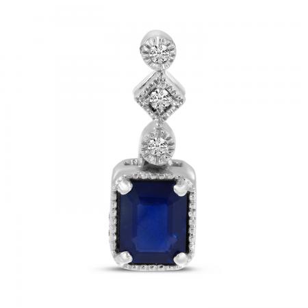 14K White Gold Emerald Cut Sapphire and Diamond Pendant