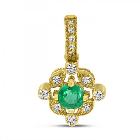 14K Yellow Gold Round Emerald and Diamond Pendant