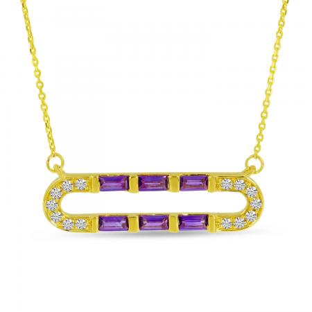 14K Yellow Gold Baguette Amethyst and Diamond Oval East to West 18 Necklace\"