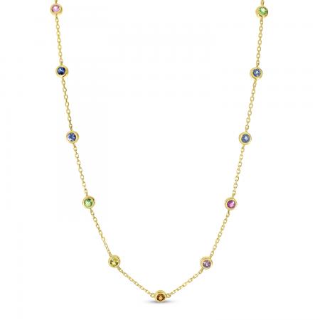 14K Yellow Gold Bezel Set Rainbow Sapphires Necklace