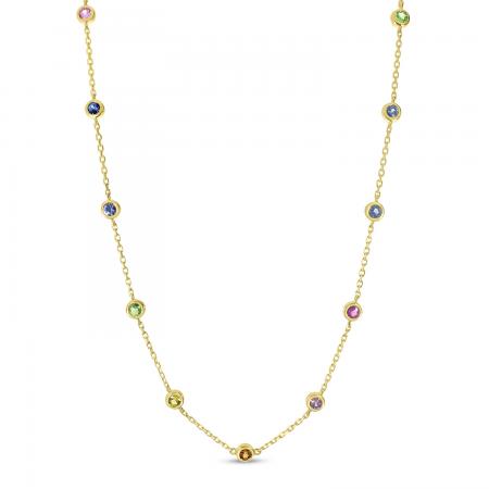 14K Yellow Gold Bezel Set Rainbow Sapphires Necklace