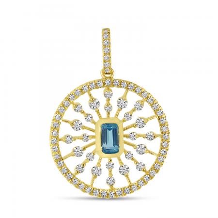 14K Yellow Gold Octagon Blue Topaz and Scattered Diamond Disc Pendant