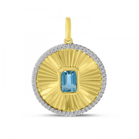 14K Yellow Gold Octagon Blue Topaz and Diamond Fluted Disc Pendant