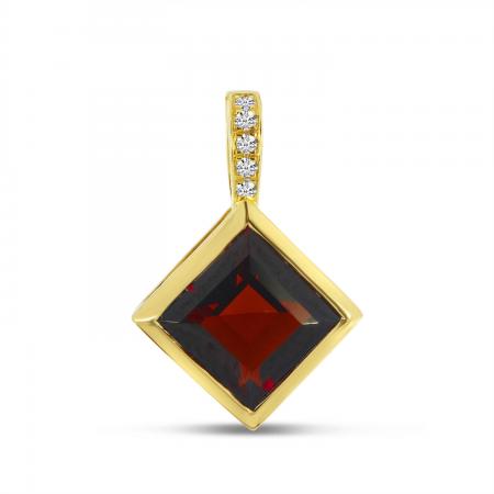 14K Yellow Gold Princess Garnet with Diamond Bale Semi Precious Pendant