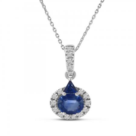 14K White Gold Oval and Trillion Sapphire Diamond Halo Precious Pendant