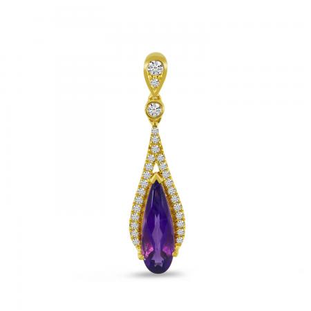 14K Yellow Gold Pear Amethyst and Diamond Semi Precious Pendant