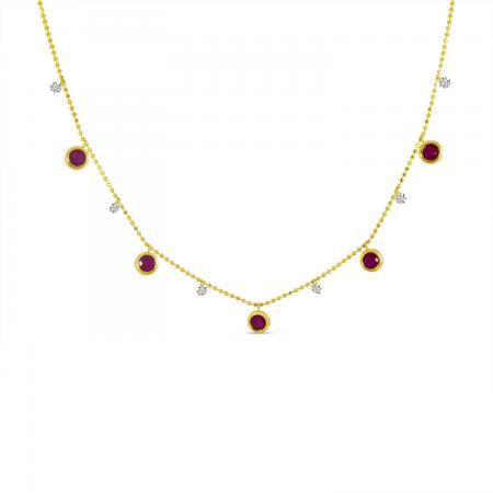 14K Yellow Gold Dashing Diamond  Ruby Bezel Necklace