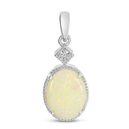 14K White Gold Oval Opal Ring Pendant with Diamond Millgran Details