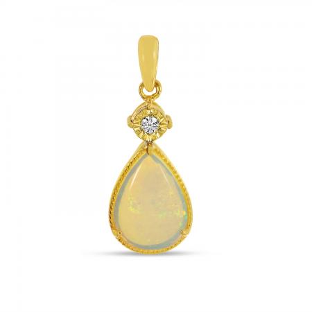 14K Yellow Gold Pear Opal Pendant with Diamond Millgran Details