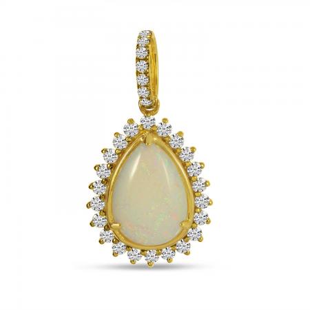 14K Yellow Gold Pear Opal Pendant with Diamond Halo