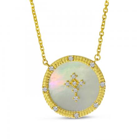 14K Yellow Gold Disc with Mother of Pearl and Diamond Cross Necklace