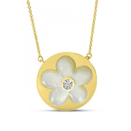 14K Yellow Gold Diamond and Mother of Pearl Floral Necklace