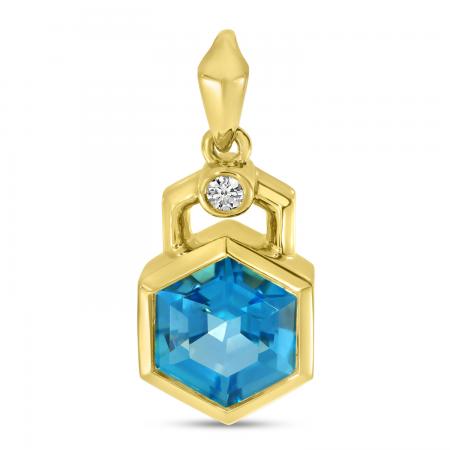 14K Yellow Gold Blue Topaz Hexagon Geometric Pendant