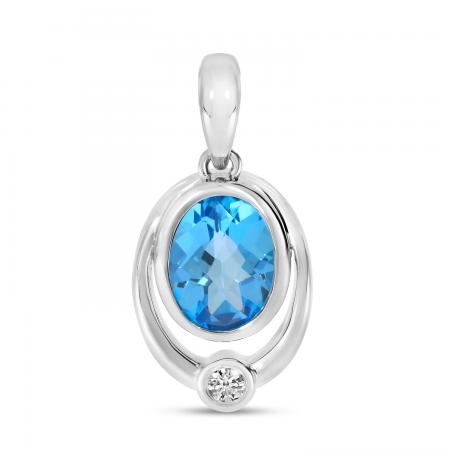 14K White Gold Oval Blue Topaz Double Bezel Pendant