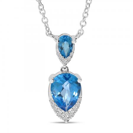 14K White Gold Blue Topaz and Diamond Double Pear Necklace