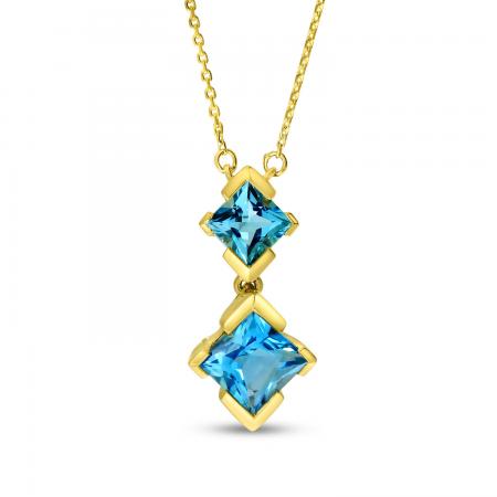 14K Yellow Gold Double Princess Blue Topaz Drop Necklace