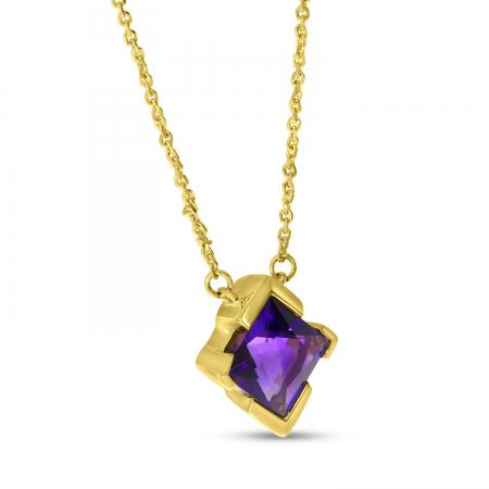 14K Yellow Gold Solitaire Princess Amethyst Necklace