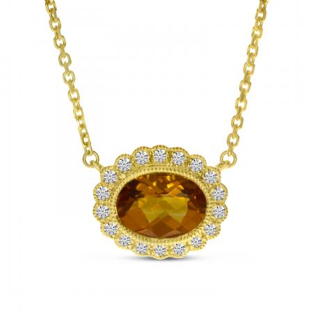 14K Yellow Gold Citrine with Diamond Halo Oval Necklace