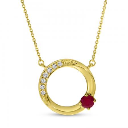 14K Yellow Gold Ruby and Diamond Open Circle Necklace