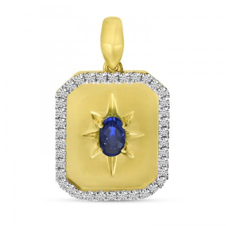 14K Yellow Gold Sapphire and Diamond Burst Medallion Pendant