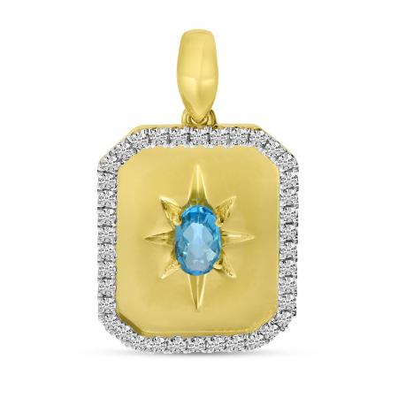 14K Yellow Gold Blue Topaz and Diamond Burst Medallion Pendant