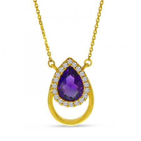 14K Yellow Gold Amethyst and Diamond Open Pear Shape Necklace