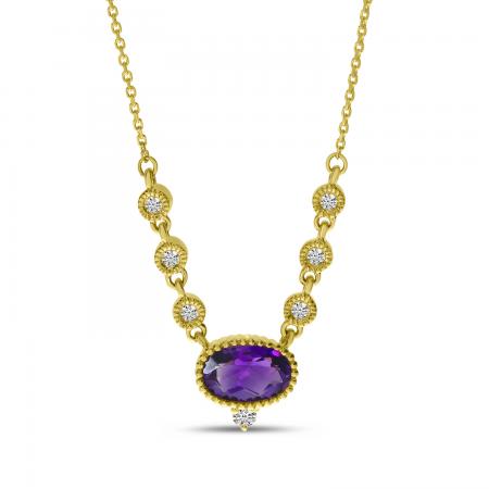 14k Yellow Gold Amethyst Oval with Diamond Milgrain Bezel Necklace