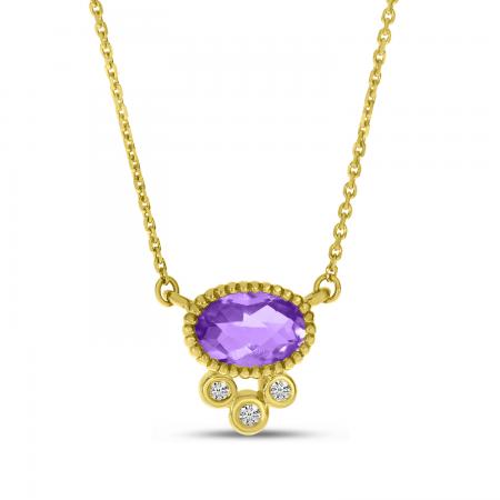 14K Yellow Gold Amethyst with Triple Diamond Oval Necklace