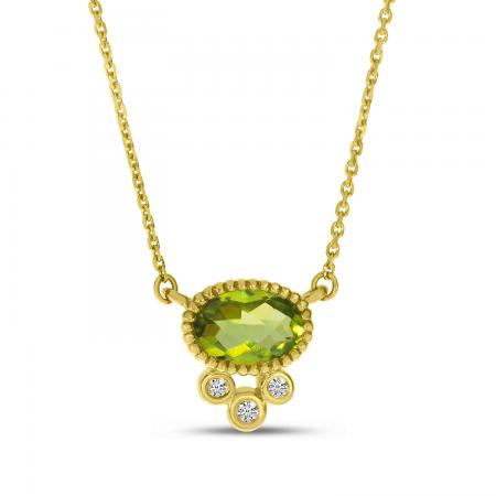 14K Yellow Gold Peridot with Triple Diamond Oval Necklace