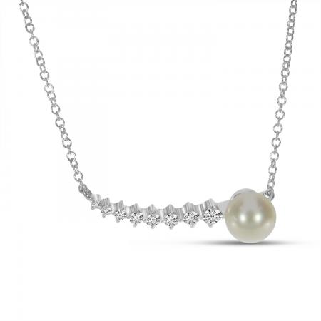 14K White Gold Pearl with Graduated Diamond Bar Necklace