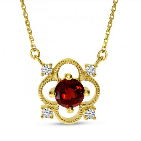 14K Yellow Gold Garnet and Diamond Filigree Necklace