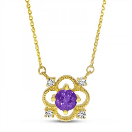 14K Yellow Gold Amethyst and Diamond Filigree Necklace