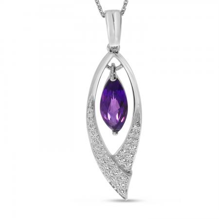 14K White Gold Marquise Amethyst and Diamond Dangle Pendant
