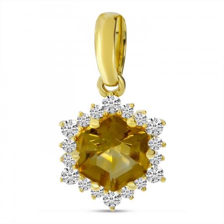 14K Yellow Gold Hexagon Citrine with Diamond Halo Pendant