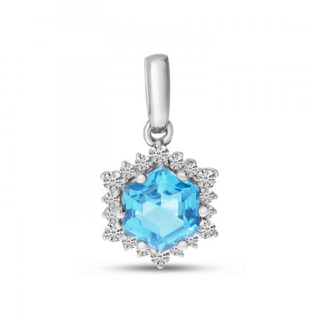 14K White Gold Hexagon Blue Topaz with Diamond Halo Pendant