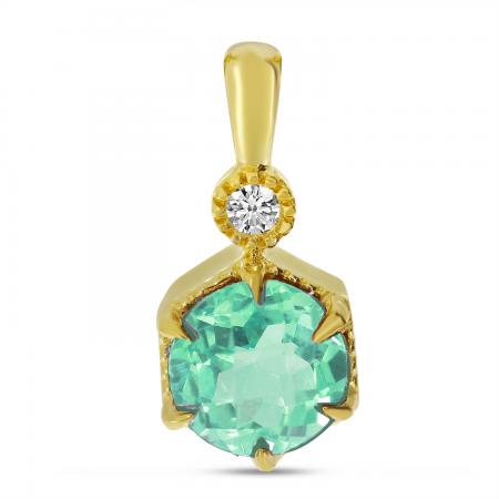 14K Yellow Gold Round Emerald Hexagon Milgrain Diamond Pendant