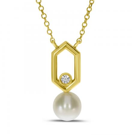 14K Yellow Gold Pearl and Diamond Hexagon Link Necklace