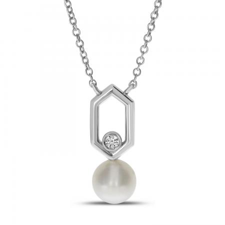 14K White Gold Pearl and Diamond Hexagon Link Necklace