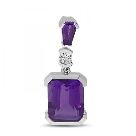 14K White Gold Emerald Cut Amethyst with Halo and Diamond Drop Pendant