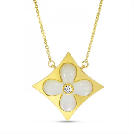 14K Yellow Gold Mother of Pearl with Diamond Floral Necklace