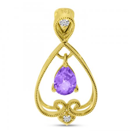 14K Yellow Gold Pear Amethyst Dorp Filigree Pendant