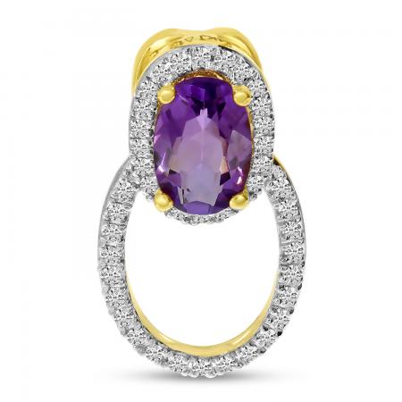 14K Yellow Gold Amethyst and Diamond Oval Semi Precious Pendant