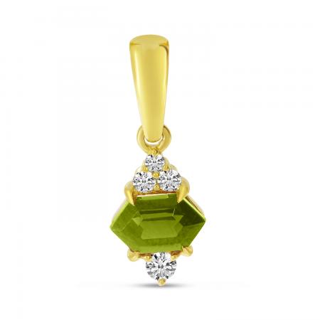 14K Yellow Gold Hexagon Peridot With Diamond Semi Precious Pendant