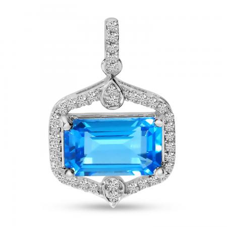 14K White Gold Blue Topaz Octagon and Diamond East to West Pendant