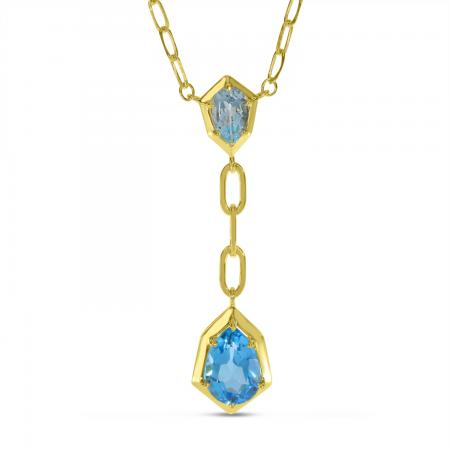 14K Yellow Gold Double Semi Blue Topaz Metal Halo Necklace