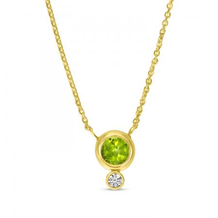 14K Yellow Gold Round Peridot with Diamond Birthstone Necklace