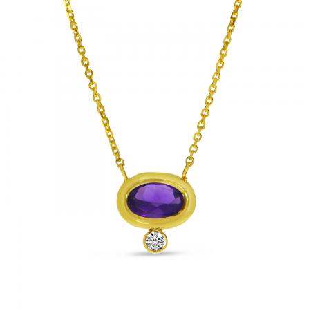 14K Yellow Gold Oval Amethyst with Diamond Bezel Birthstone Necklace