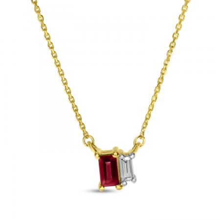 14K Yellow Gold Ruby and Diamond Baguette Duo Necklace