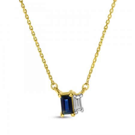 14K Yellow Gold Sapphire and Diamond Baguette Duo Necklace