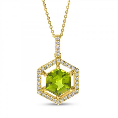 14K Yellow Gold Hexagon Peridot and Diamond  Spaced Halo Semi Precious Pendant